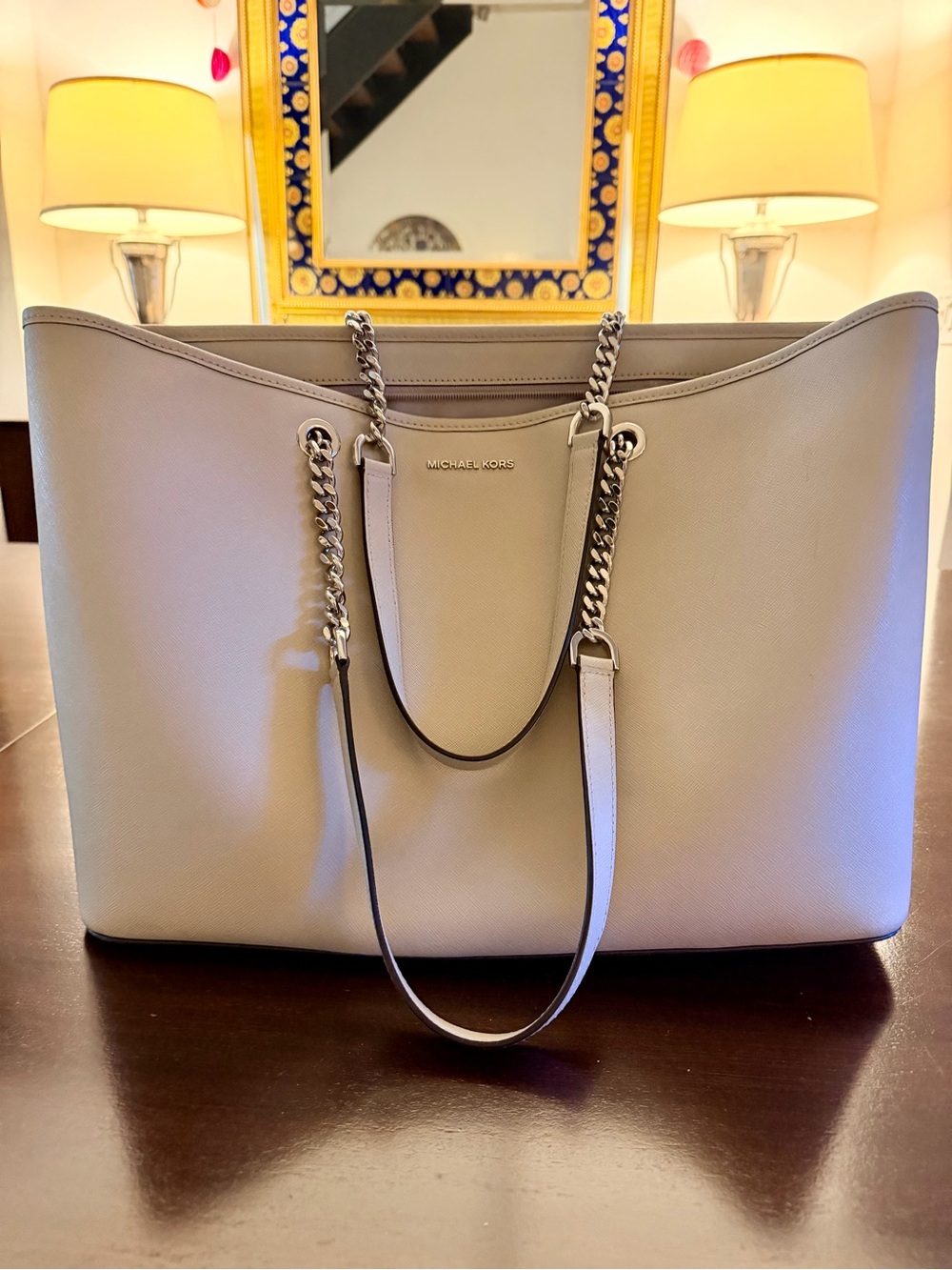 Michael Kors Light Gray Leather Chain-Handle Jet Set Travel tote